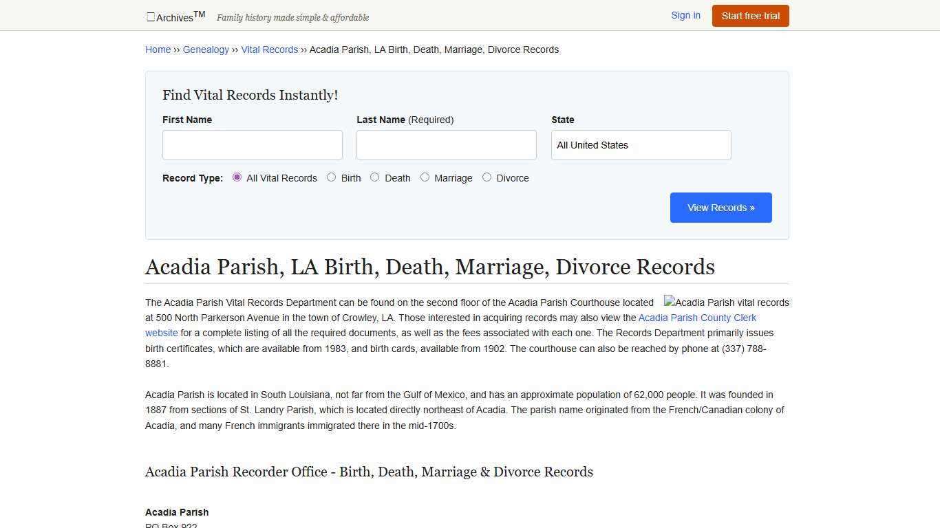 Acadia Parish, LA Birth, Death, Marriage, Divorce Records