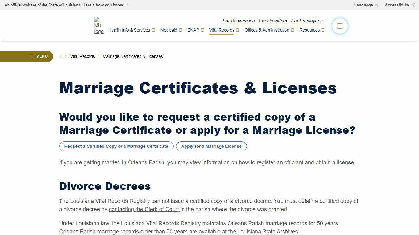 Marriage Certificates & Licenses | Louisiana Department of Health