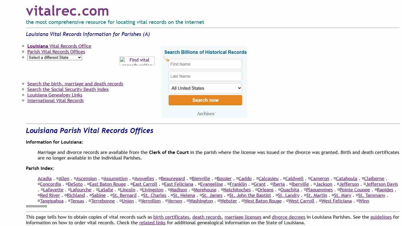 Louisiana Parishes Birth Certificate, Death Record, Marriage License and More (A)